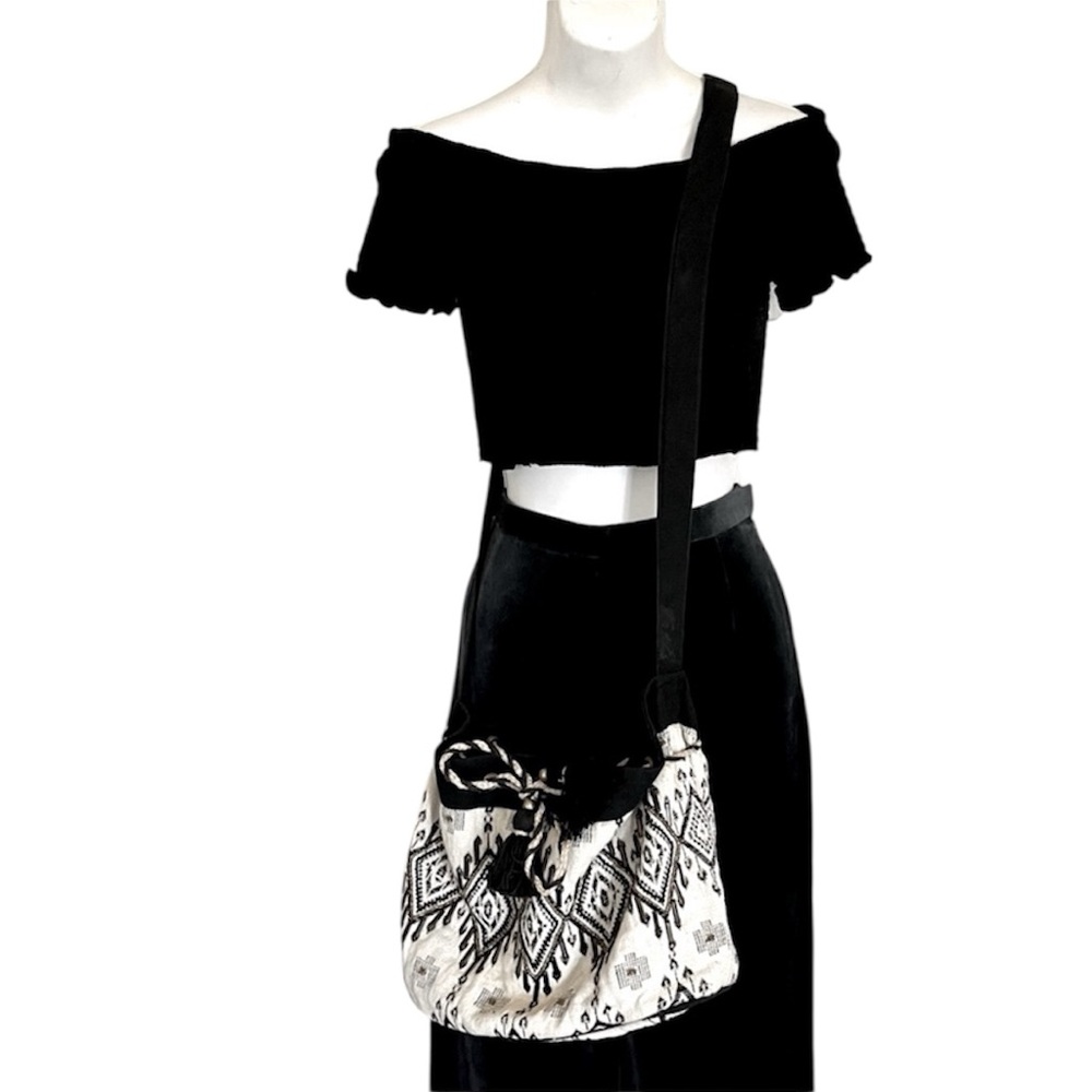 Crossbody Black White Fabric Bucket Boho Style Tote Bag Purse